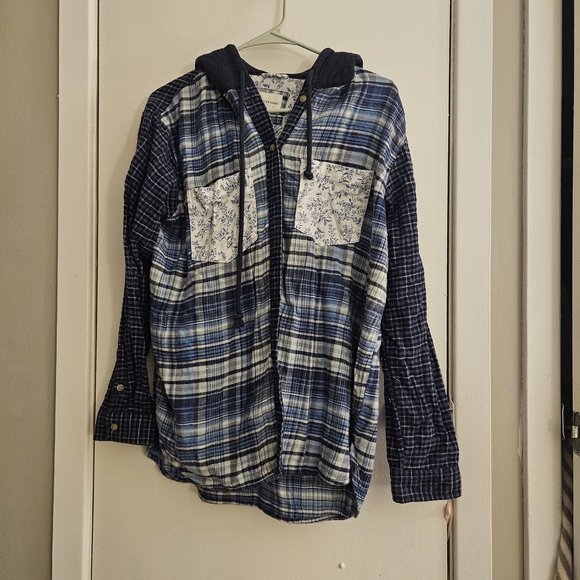 American Eagle Mixed Plaid Hoodie Flannel Shirt Women’s Small - Picture 3 of 6
